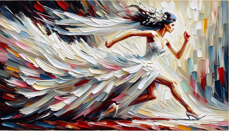 AI art image by Peg Fulton: Nope. A bride is a wedding gown is running away from her wedding.