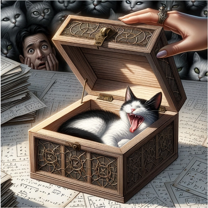 AI art image by Peg Fulton: Schrödinger's Cat yawning in Schrödinger's Box, half-asleep half-awake