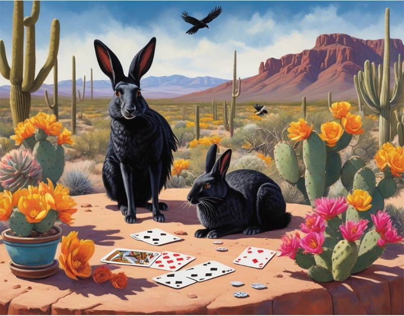 AI art image by Peg Fulton: Break Time. Two black rabbits are playing cards.