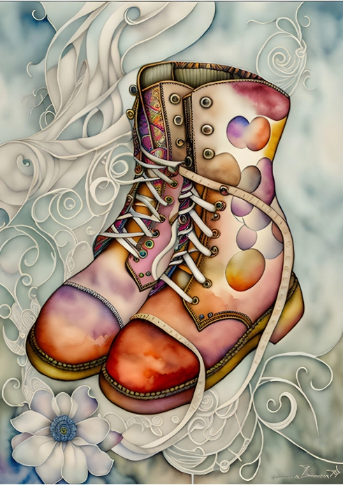 AI art image by Peg Fulton: Boots. Stylized digital painting of colorful boots.