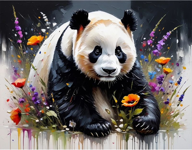 AI art image by Peg Fulton: Zoo Celebrity. A panda bear among flowers.