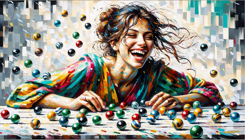 AI art image by Peg Fulton: When a Marble Maker Loses Hers. She laughs as if she’s lost her marbles.