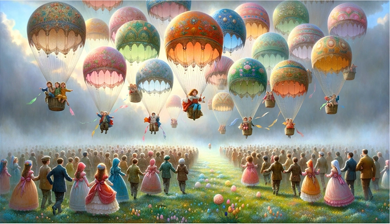 AI art image by Peg Fulton: children in fancy air balloons that are shaped and painted like Easter eggs.