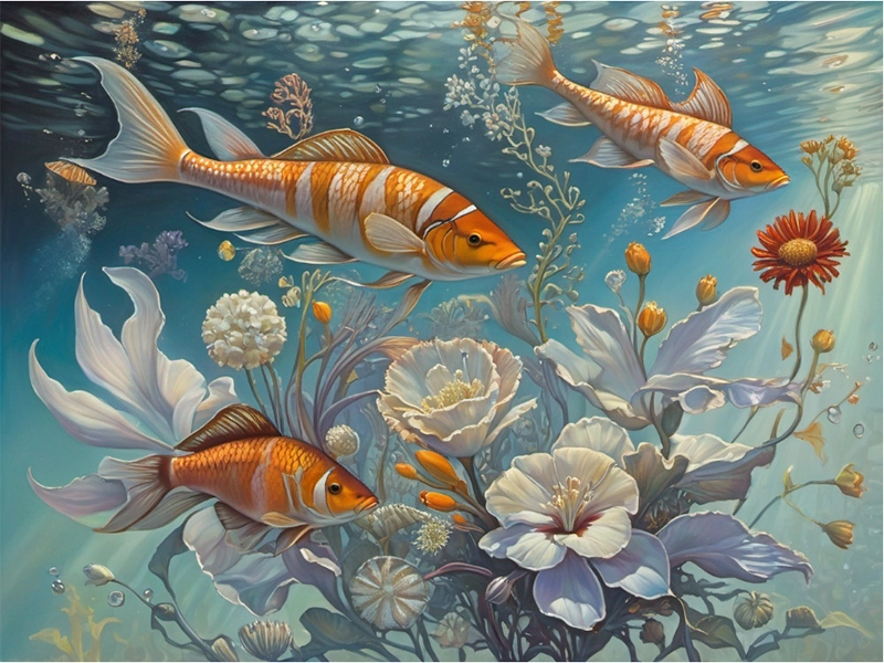 AI art image by Peg Fulton: colorful fish swim among fantasy underwater flowers.