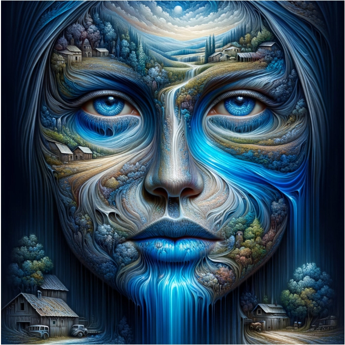 AI art image by Peg Fulton: stylized female face surreally blended with a symbolic landscape.