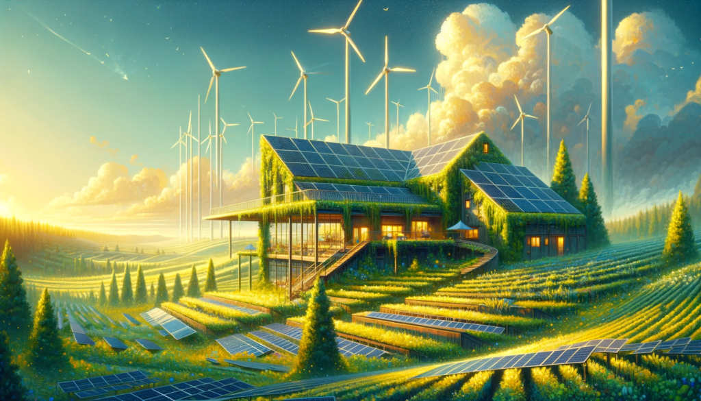 Ecologically aware AI art studio with renewable energy sources and green living ideals