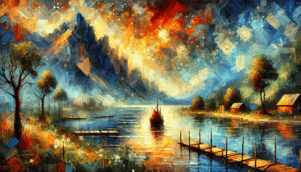 Photography Theory and AI Art Illustration: a serene lakeside at sunset, featuring a boat and dock.