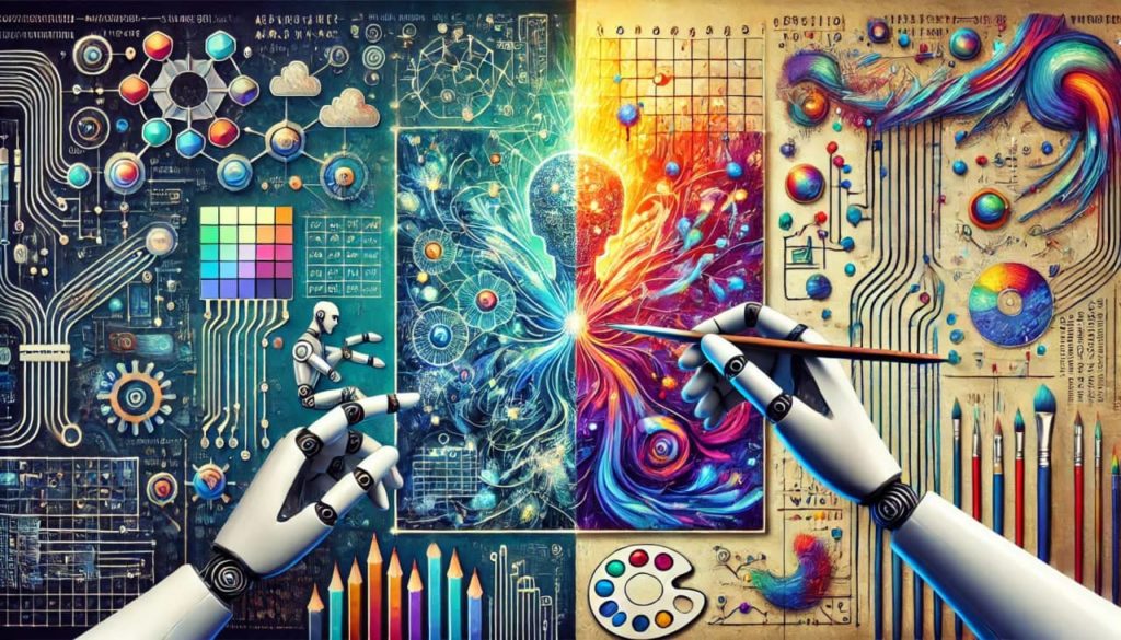 Illustration featuring the artistic production process using machine learning, with a digital canvas filled with data, algorithms, and neural network diagrams, and the other side transforming into a vibrant, colorful artwork. A robotic hand interacts with the canvas, symbolizing the blend of technology and art.