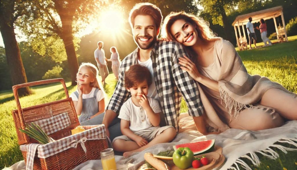 Photo as Presence: photorealistic family picnic in a park, showcasing authenticity and presence with joyful expressions and warm sunlight.