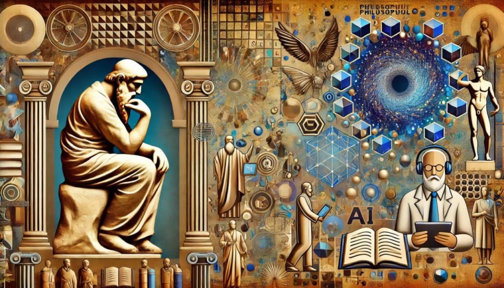 Illustration of a philosopher contemplating a sculpture, with classical thinkers on one side and modern AI researchers on the other, blending traditional and digital elements.