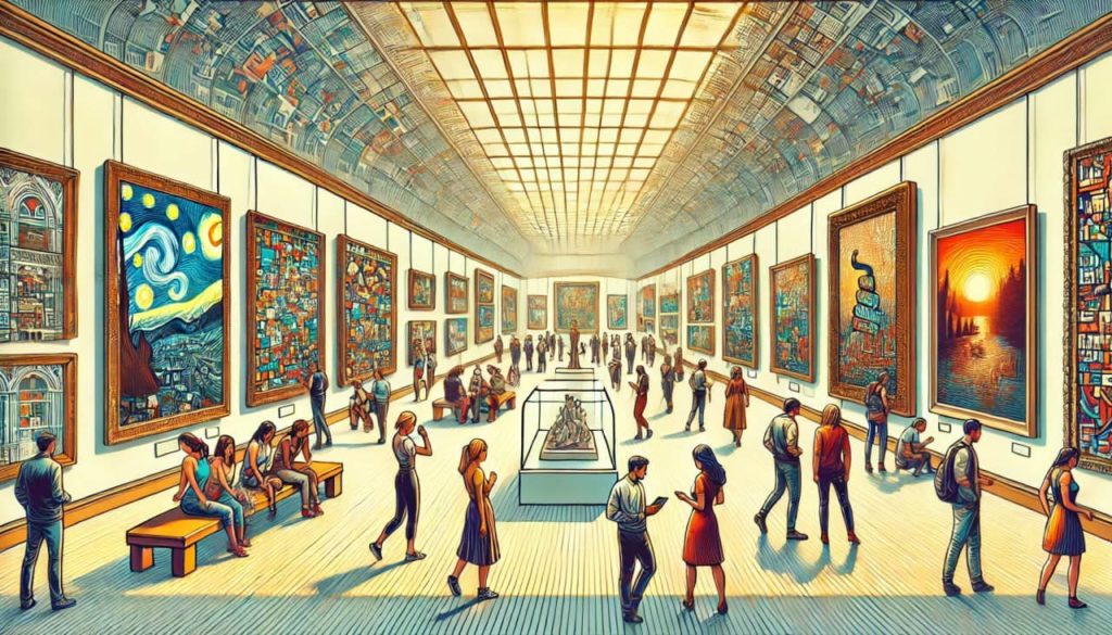 Illustration of an art gallery with diverse visitors engaging with traditional paintings and AI-generated digital displays, showcasing varied emotional responses.