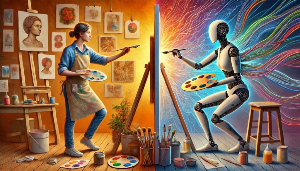 Illustration of aesthetic choice: a modern human artist and a futuristic AI robot artist, both working together on a single canvas transitioning from a classical art studio to a futuristic digital lab.