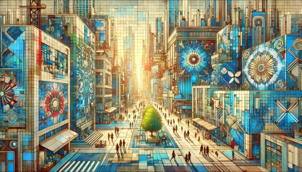 Futuristic cityscape where traditional and AI-generated artworks are integrated into buildings and public spaces, using vibrant colors to signify harmony.