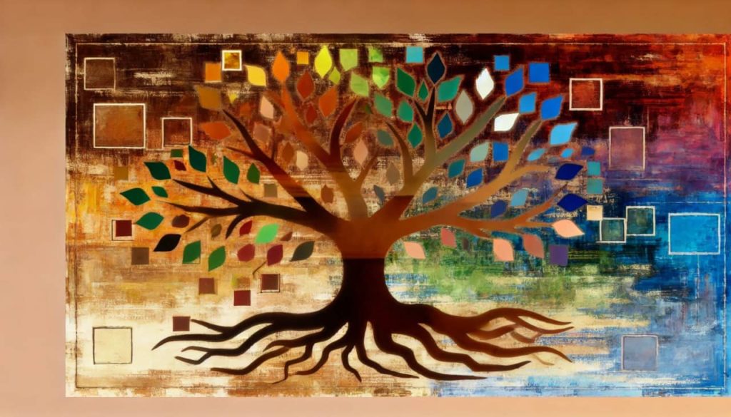 Illustration of a large, branching tree representing different forms of creativity, with traditional art forms in the roots and modern, AI-generated expressions in the branches and leaves.